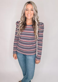Puffed Long Sleeve Mocha Purple Striped Top
