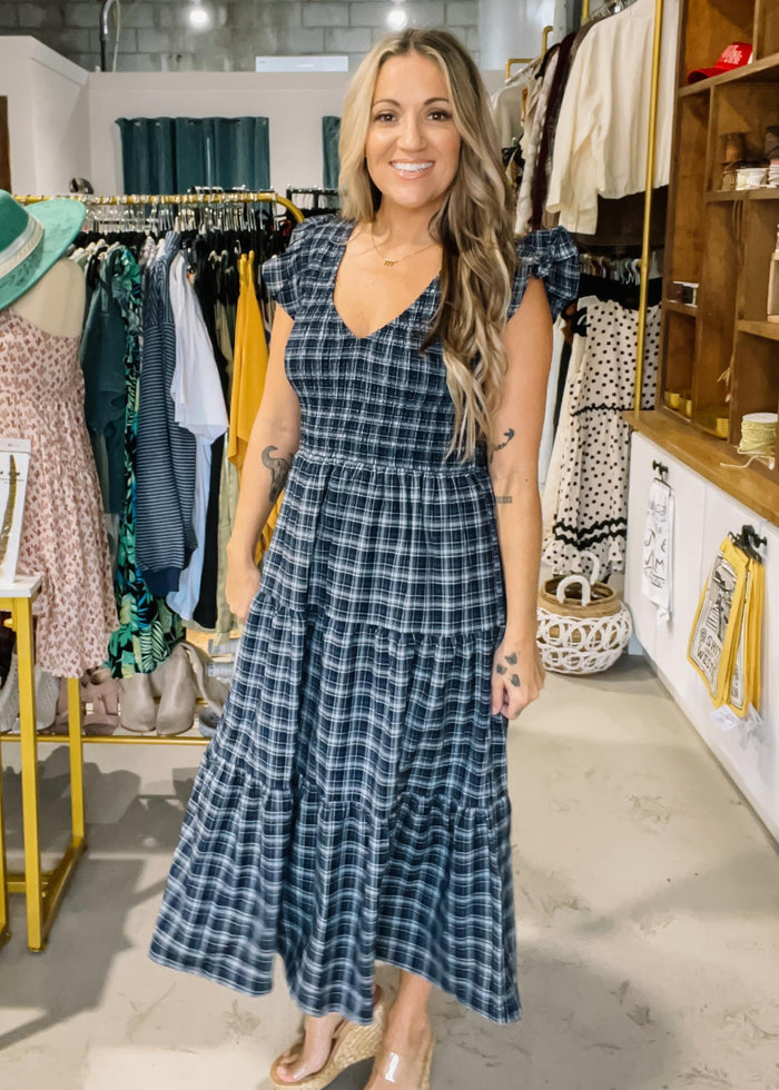 Navy Plaid Midi Dress