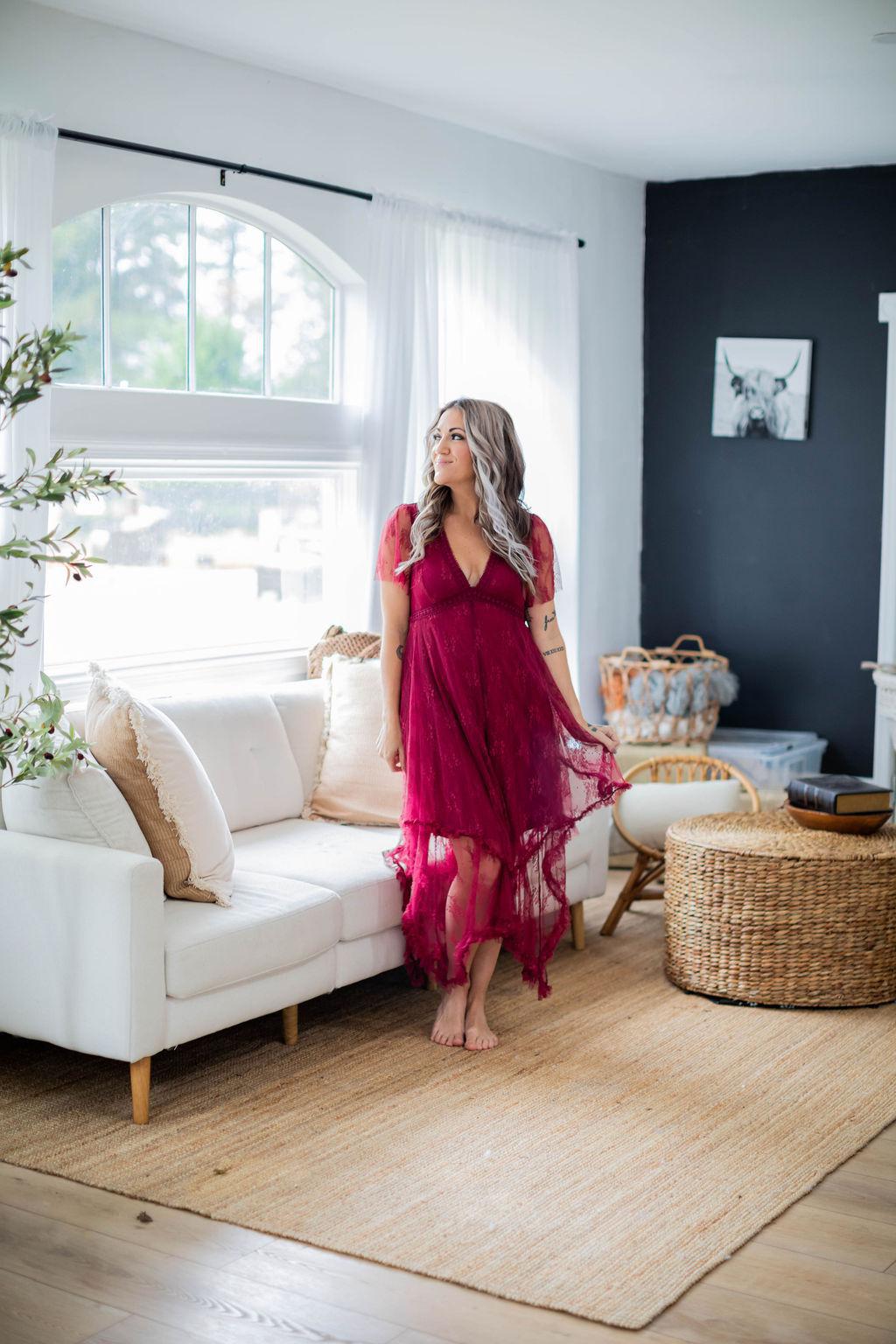 Burgundy Lace Asymmetric Hem Dress