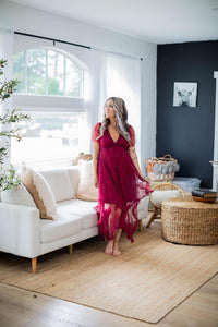 Burgundy Lace Asymmetric Hem Dress