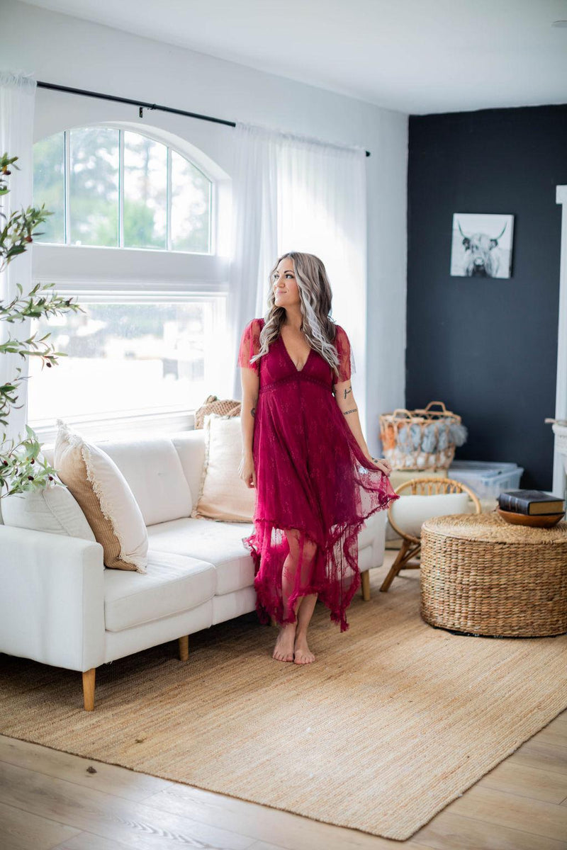 Burgundy Lace Asymmetric Hem Dress