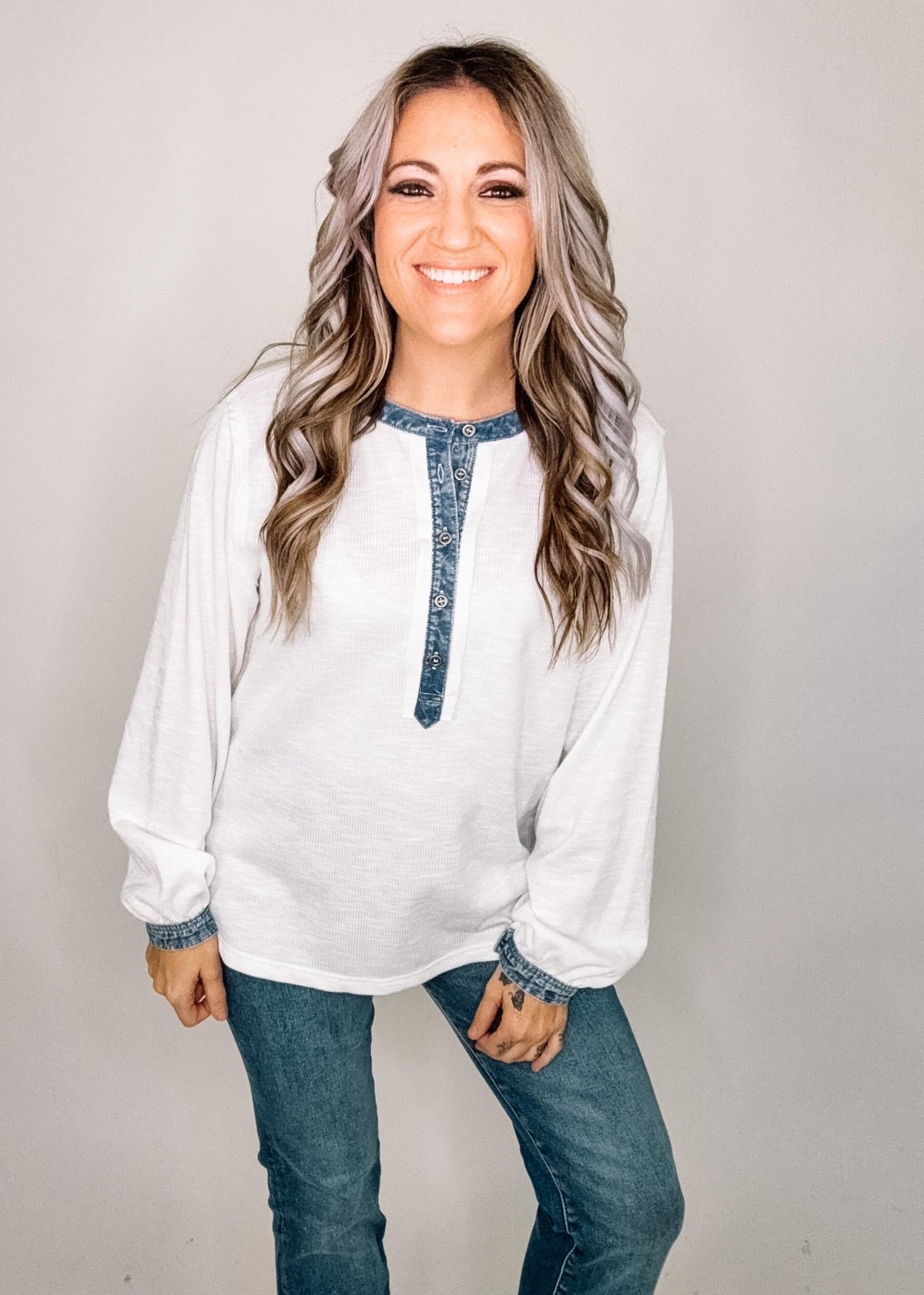 White Ribbed Denim Trim Long Sleeve