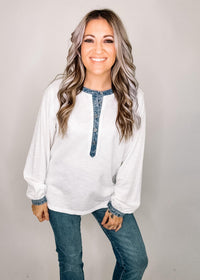 White Ribbed Denim Trim Long Sleeve