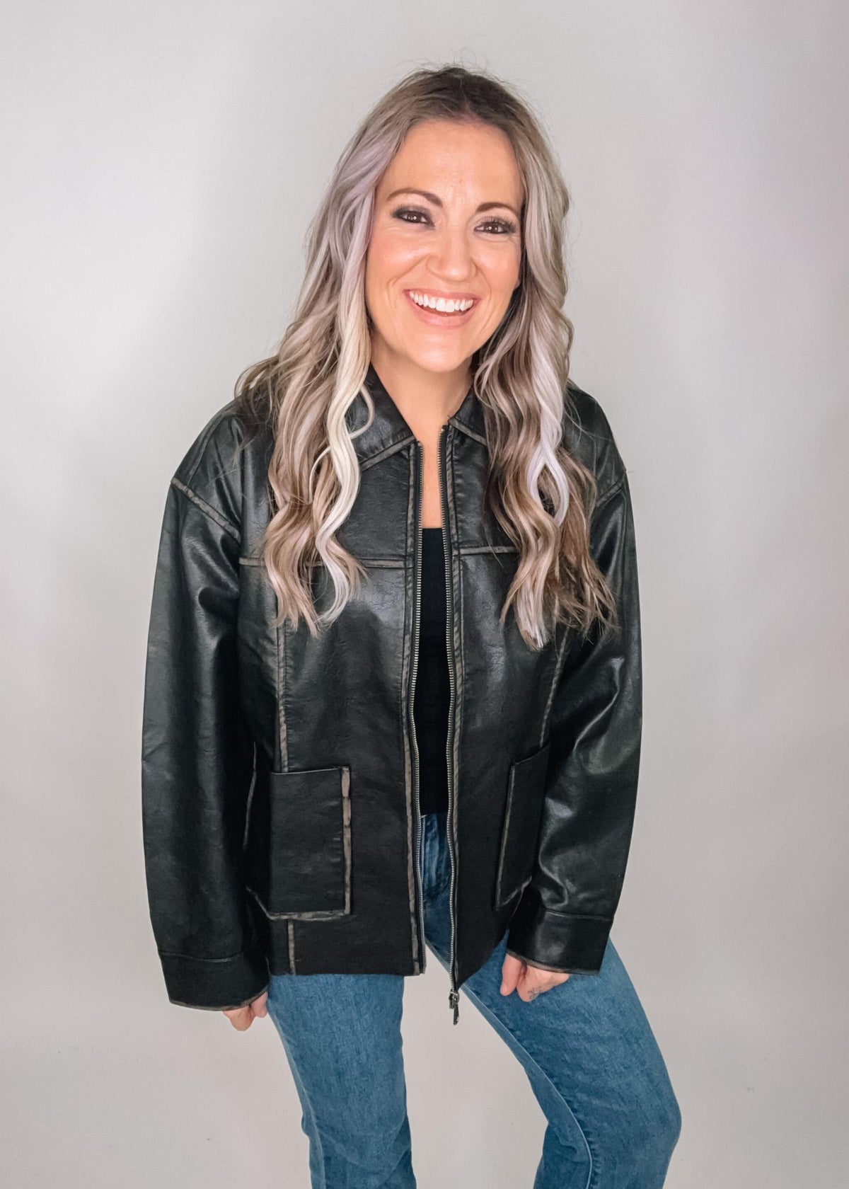 Washed Faux Leather Collared Zip Jacket