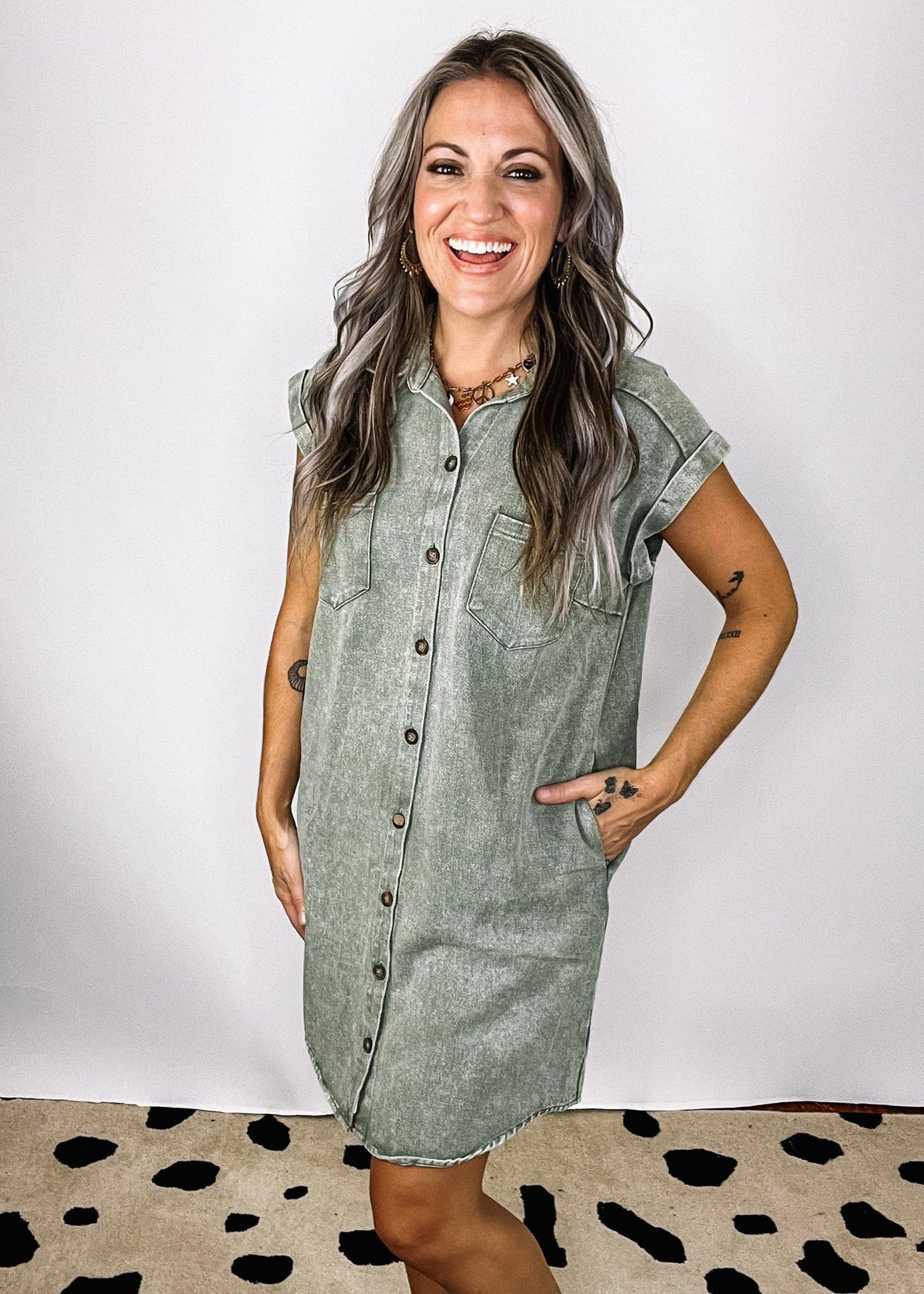 Olive Folded Cuff Button Down Denim Dress