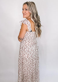 Cream Red Floral Smocked Midi Dress