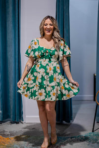 Green Floral Flutter Sleeve Dress