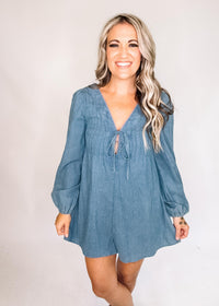 Denim Long Sleeve Pleated Romper