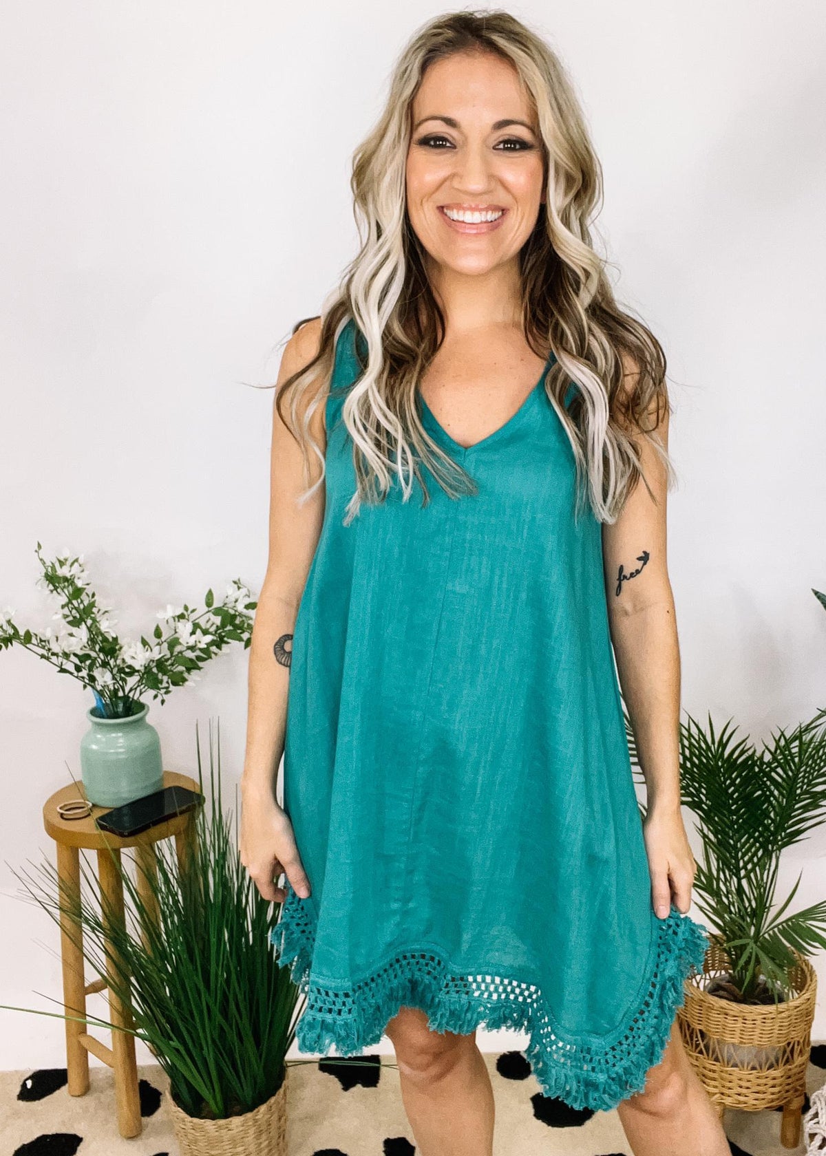 Linen Fringe Hem Sun Dress Linen Fringe Hem Sun Dress