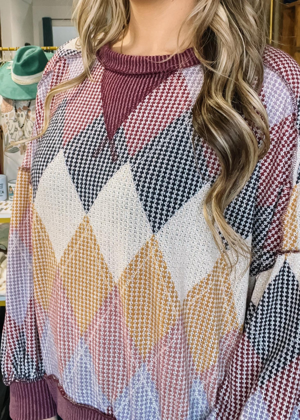 Plum Argyle Oversized Top