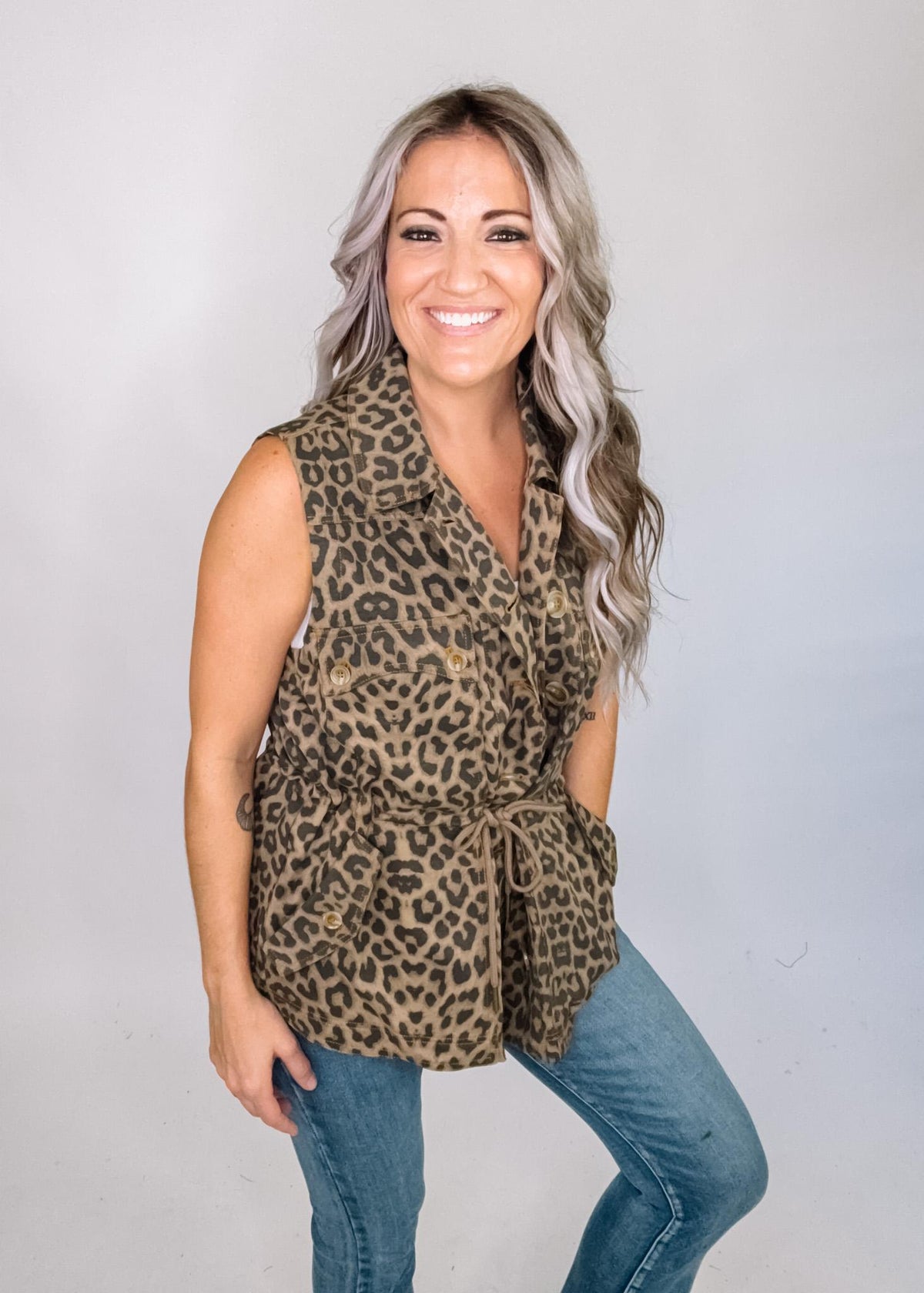Animal Print Cinched Cargo Vest
