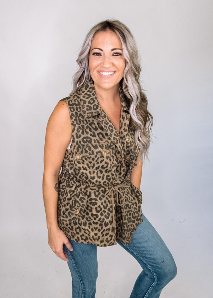 Animal Print Cinched Cargo Vest