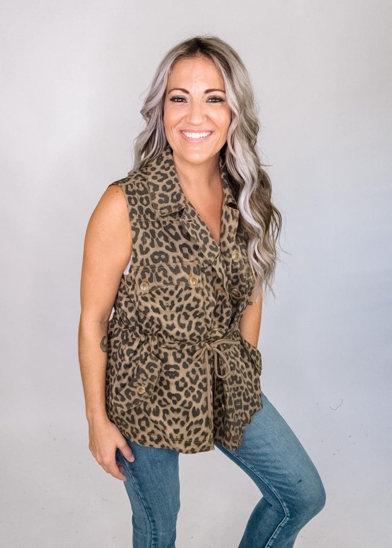 Animal Print Cinched Cargo Vest