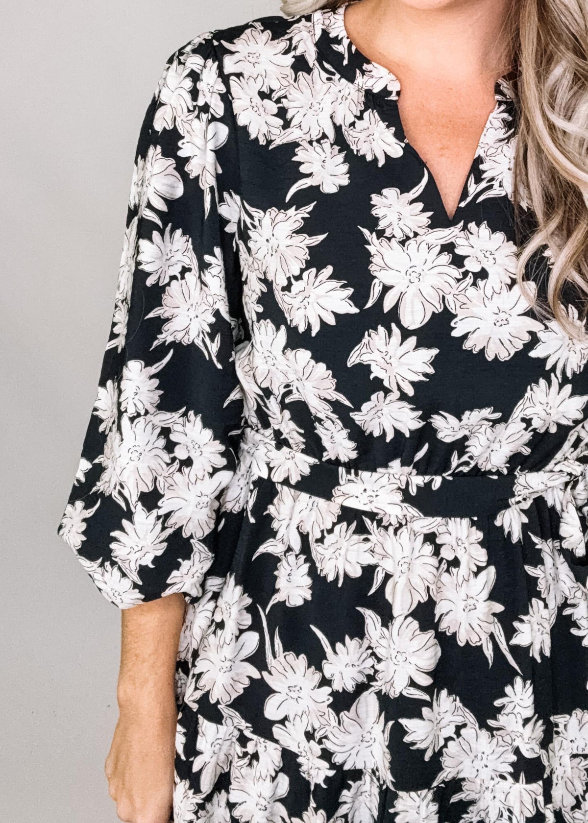 Jody Black Dress with White and Taupe Flowers