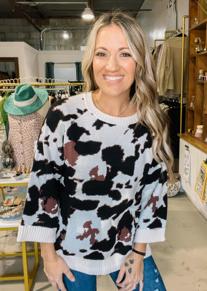 Relaxed Fit Cow Print Knit Sweater