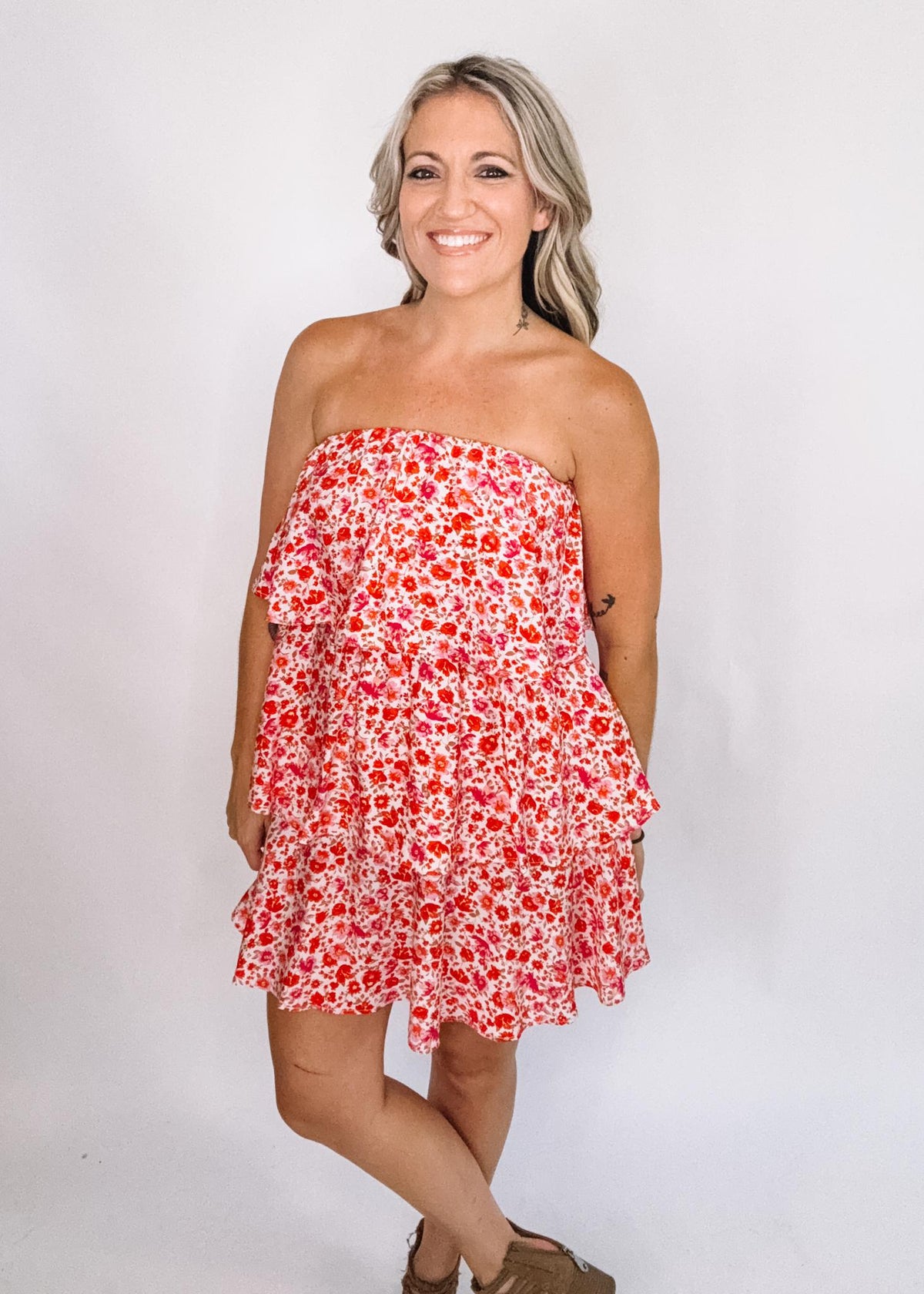 Red Floral Tiered Mini Dress