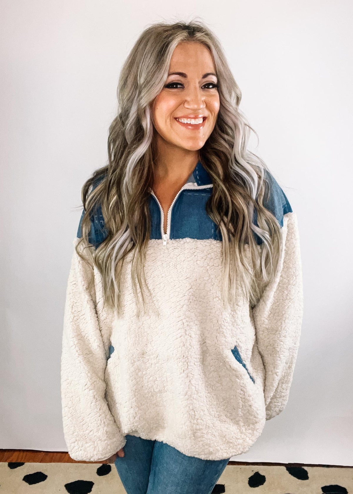 Denim and Ivory Sherpa Pullover