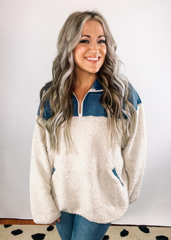 Denim and Ivory Sherpa Pullover