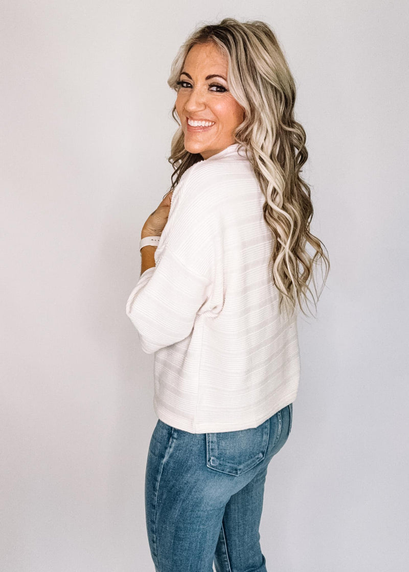 Stripe Textured Mock Neck Half Sleeve Top