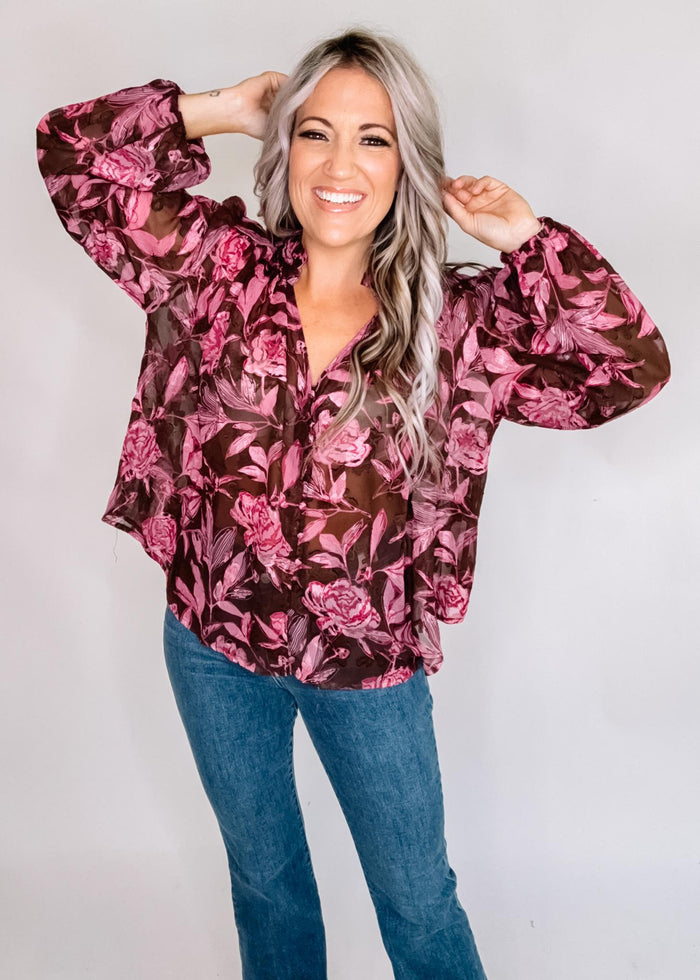 Sheer Mocha Bloom Blouse