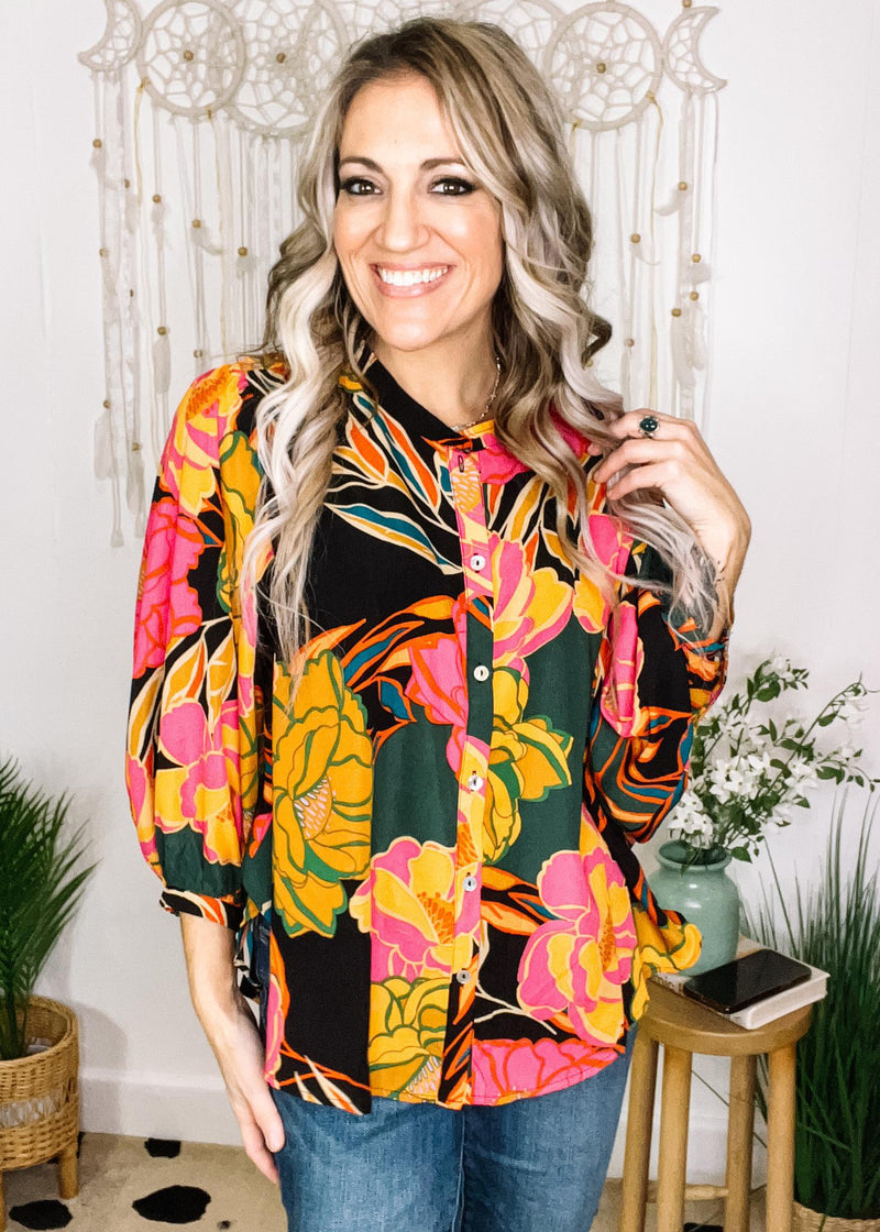 Floral Band Collar Button Down Blouse
