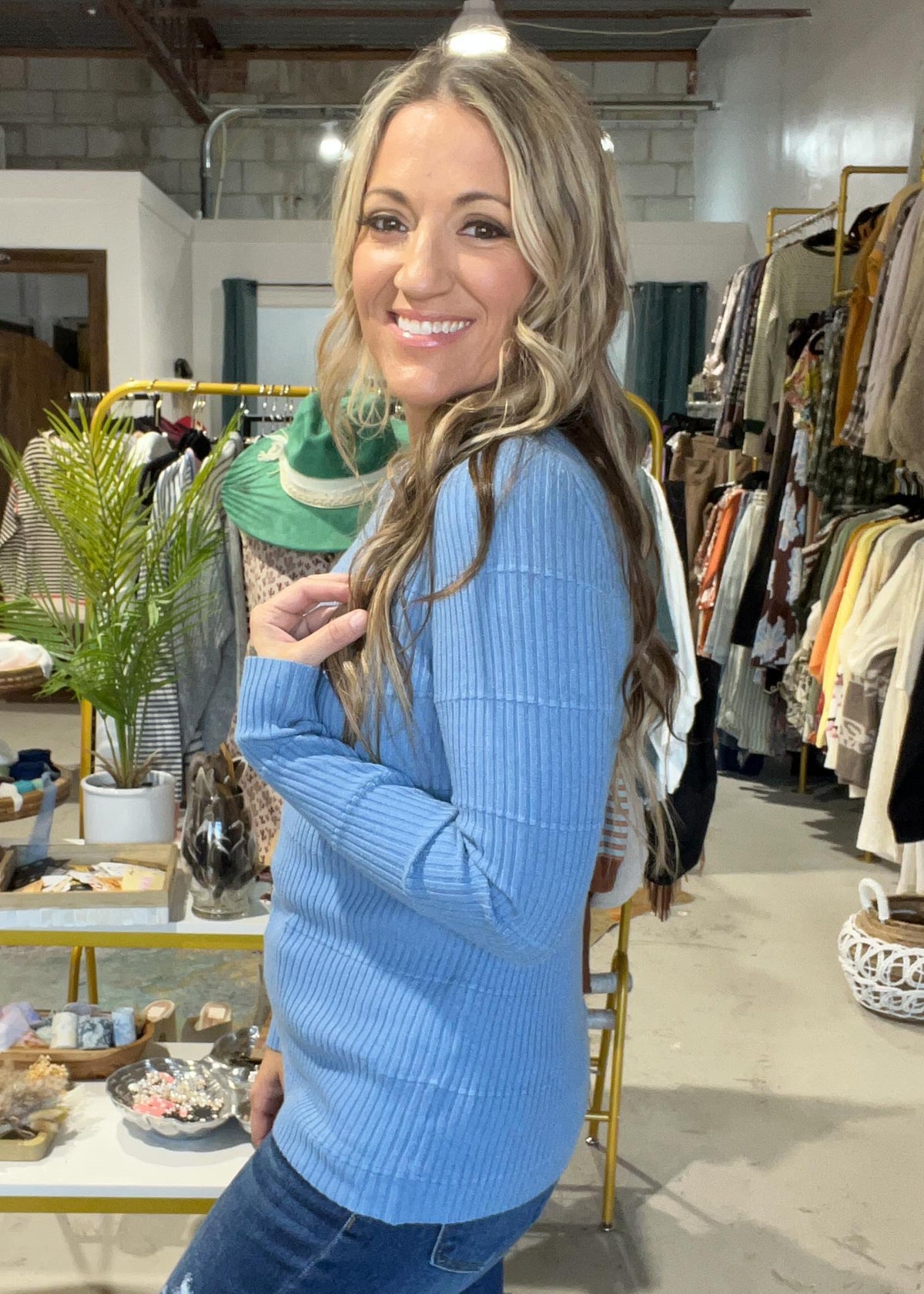 Blue Ribbed Knit Top