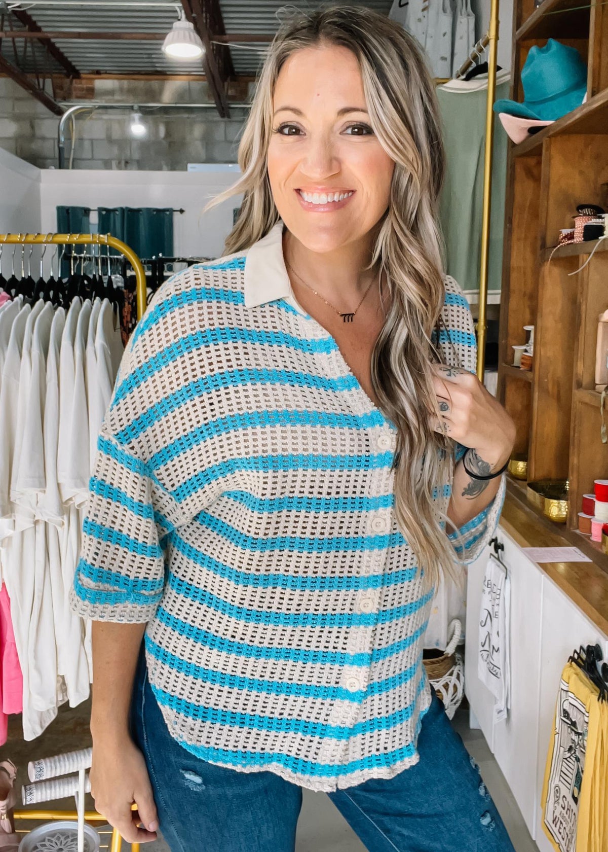 Collared Reglan Sleeve Crochet Top