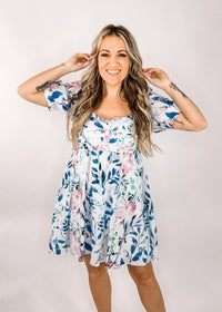 Puff Sleeve Floral Mini Dress with Pockets