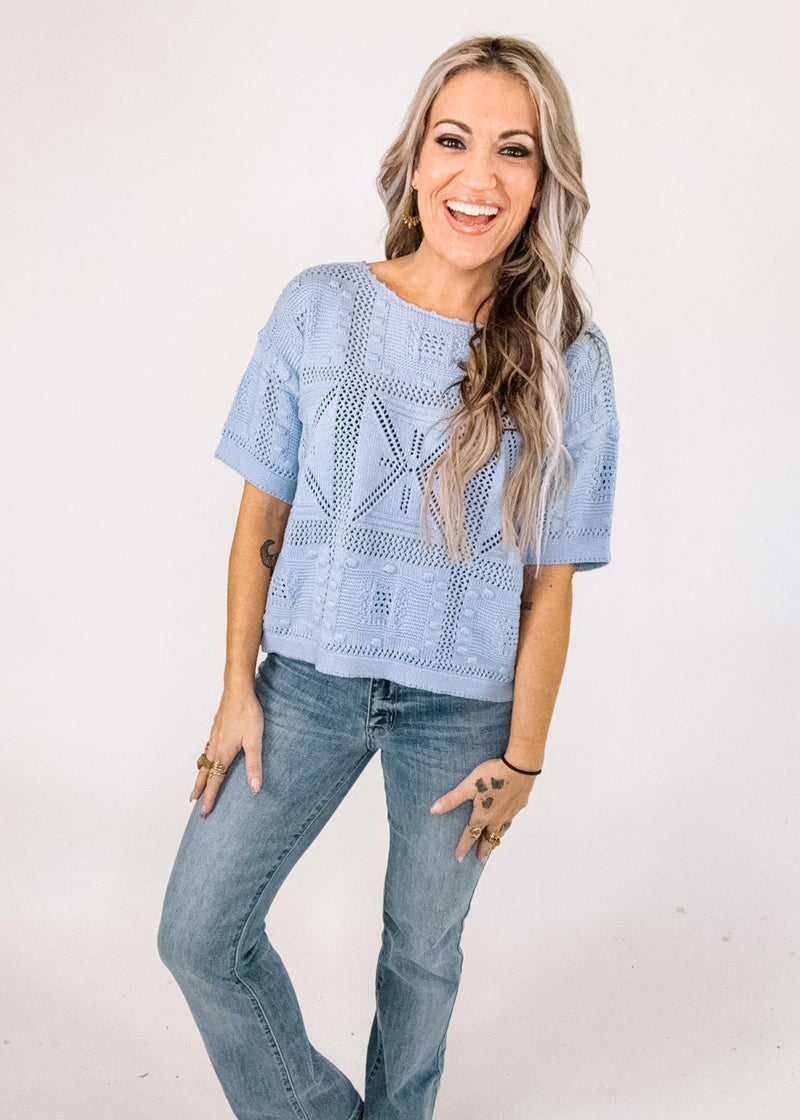 Sky Blue Crochet Sleeve Top