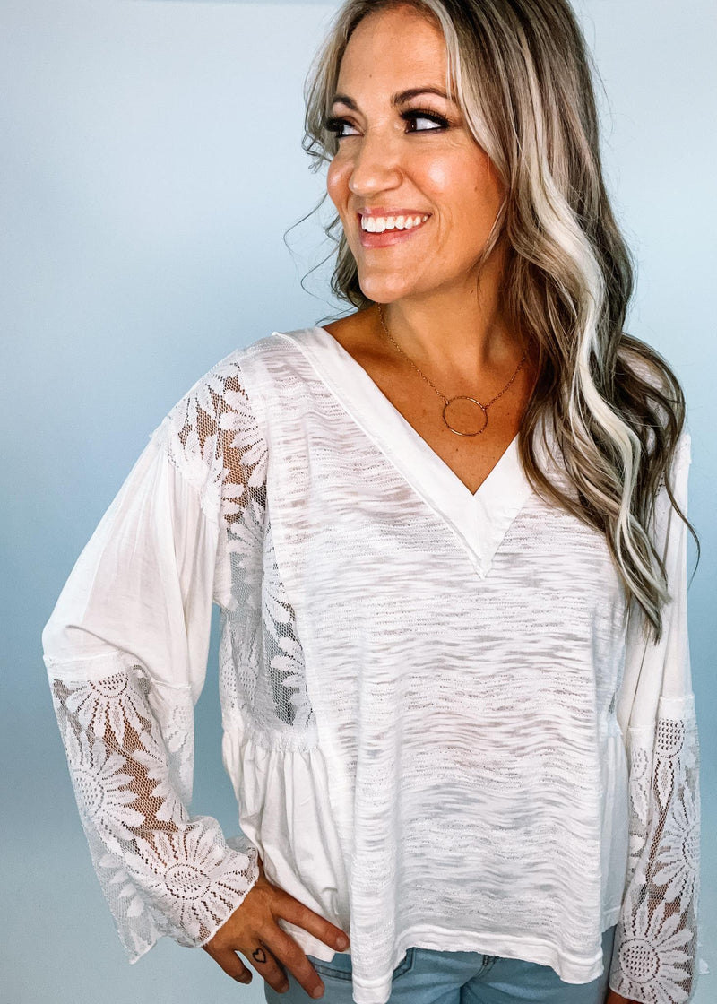 Relaxed Fit Flare Sleeve Top with Lace Detail