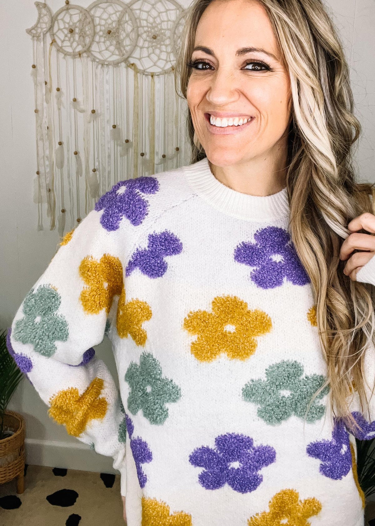 Mardi Gras Flower Embroidery Knit Sweater
