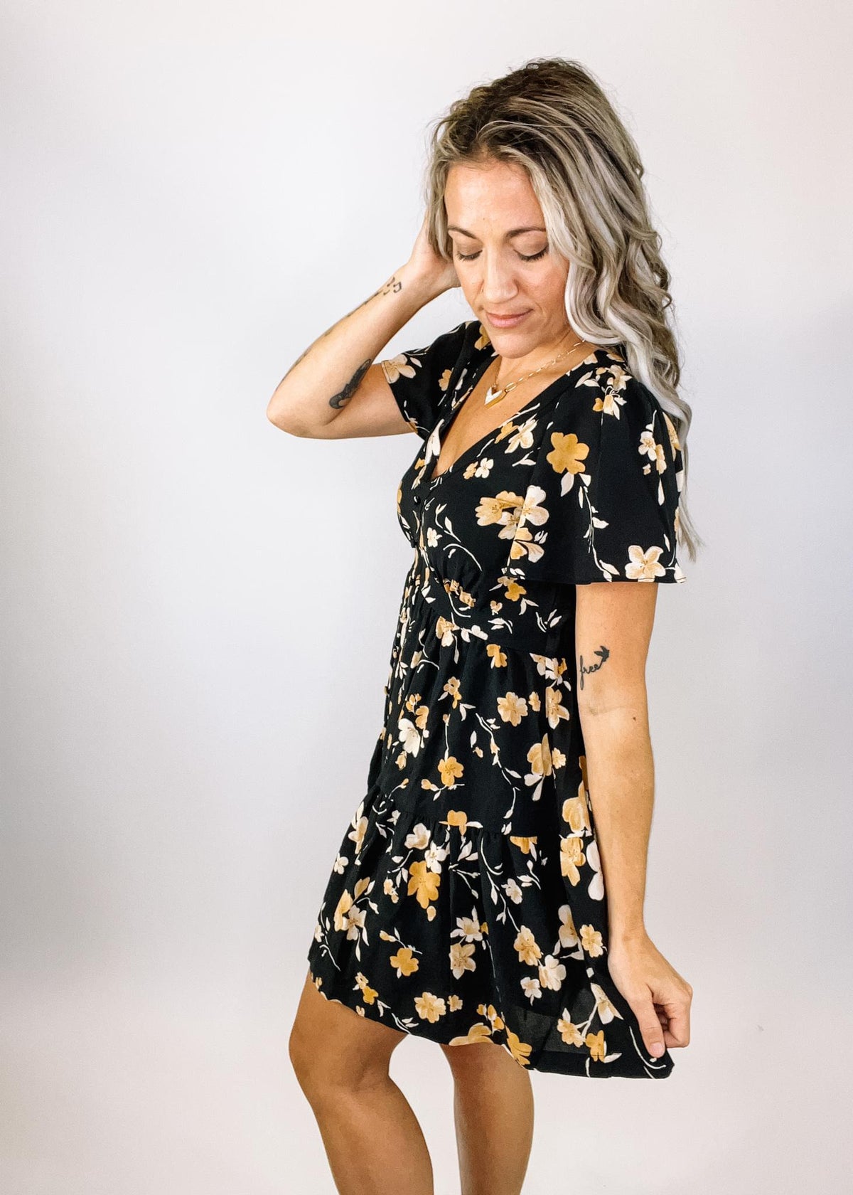 Flirty Black and Amber Floral Dress