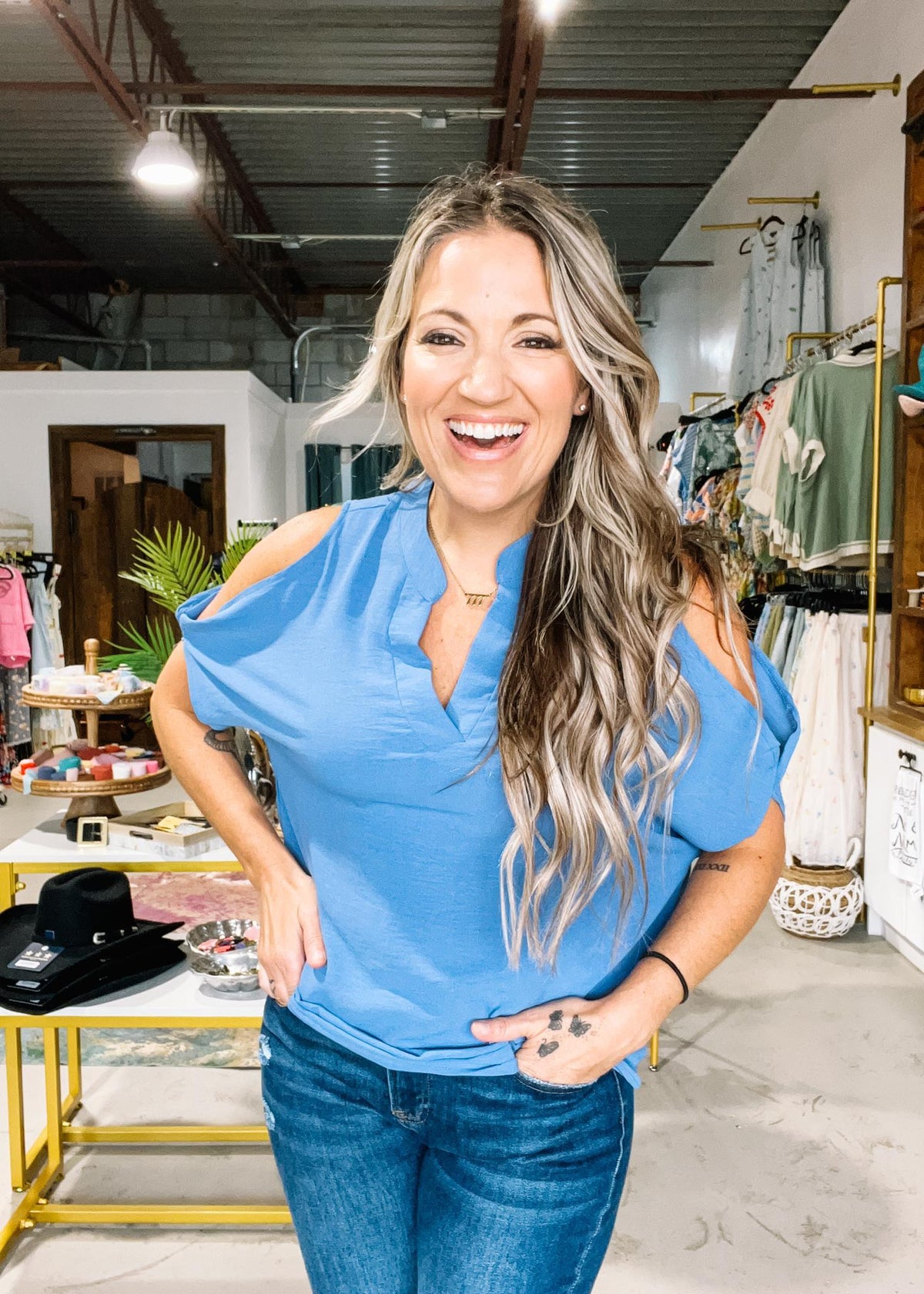 V-Neck Off Shoulder Air Flow Blouse