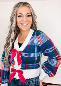 Plaid Holiday Sweater with Velvet Bows