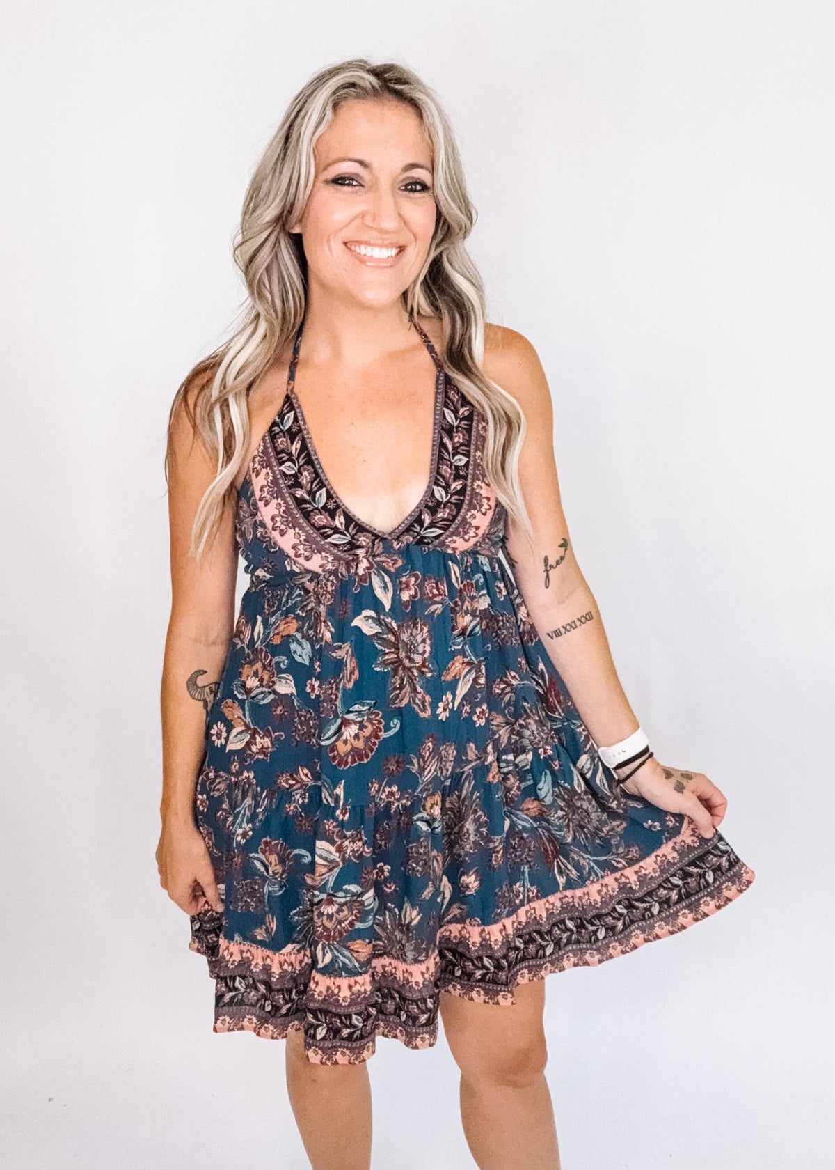 Slate and Coral Floral Mini Dress