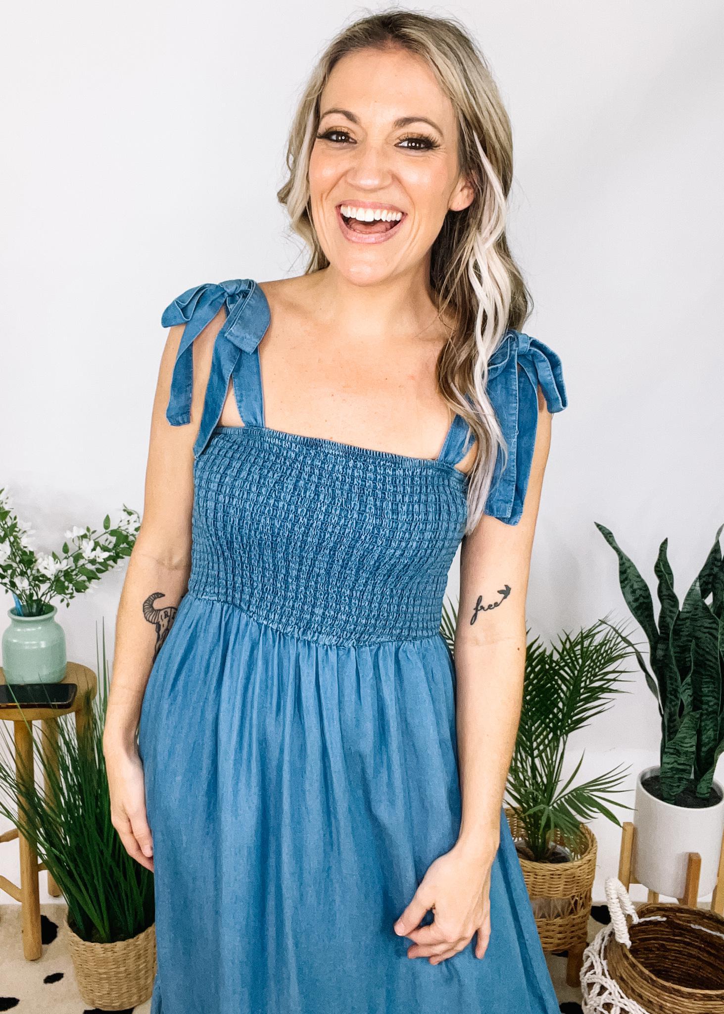 Chambray Smocked Midi Dress with Tie Straps – The Teal Eagle Boutique