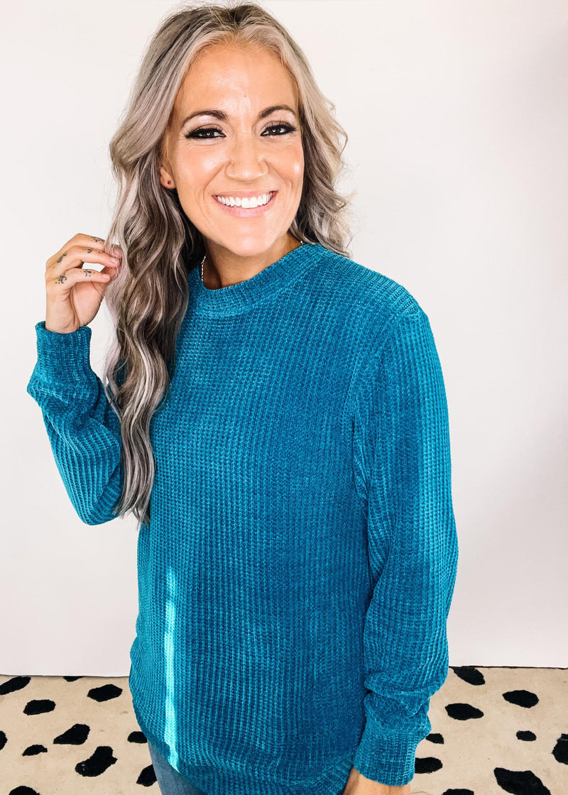 A - Chenille Waffle Round Neck Sweater