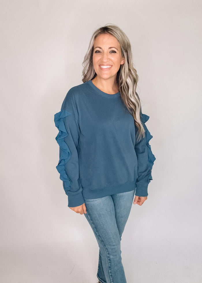 Slate Pullover with Ruffle Sleeves