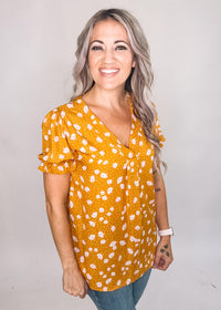 Mustard Floral Blouse with Front Pleat