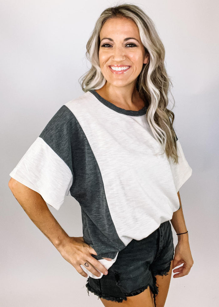 Charcoal Terry Knit Color block Top