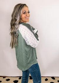 Olive Lace Contrast Long Sleeve Top