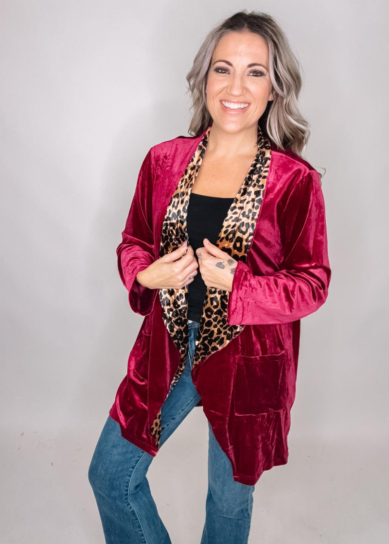 Raspberry Velvet Cardigan with Leopard Trim