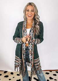 Green Fringed Hem Cardigan Duster