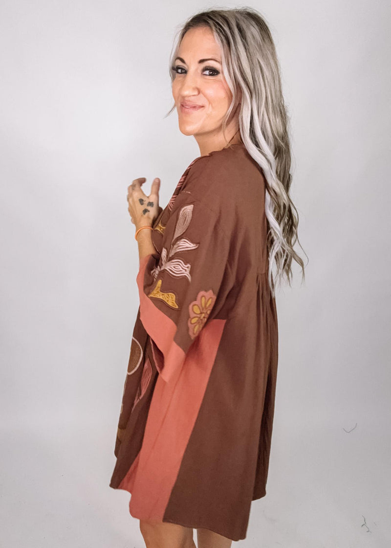 Brown Embroidered Kimono Dress