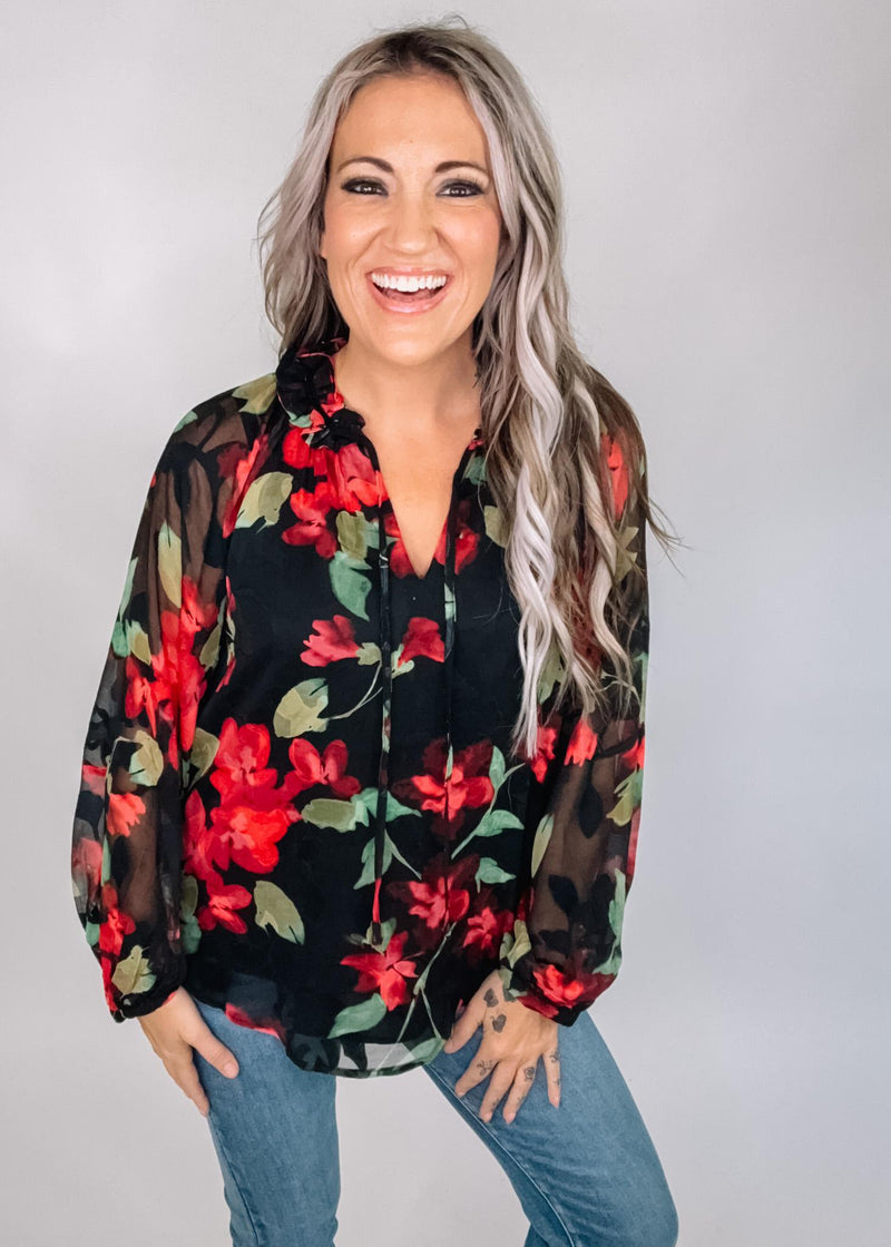 Printed Chiffon Peasant Sleeve Blouse