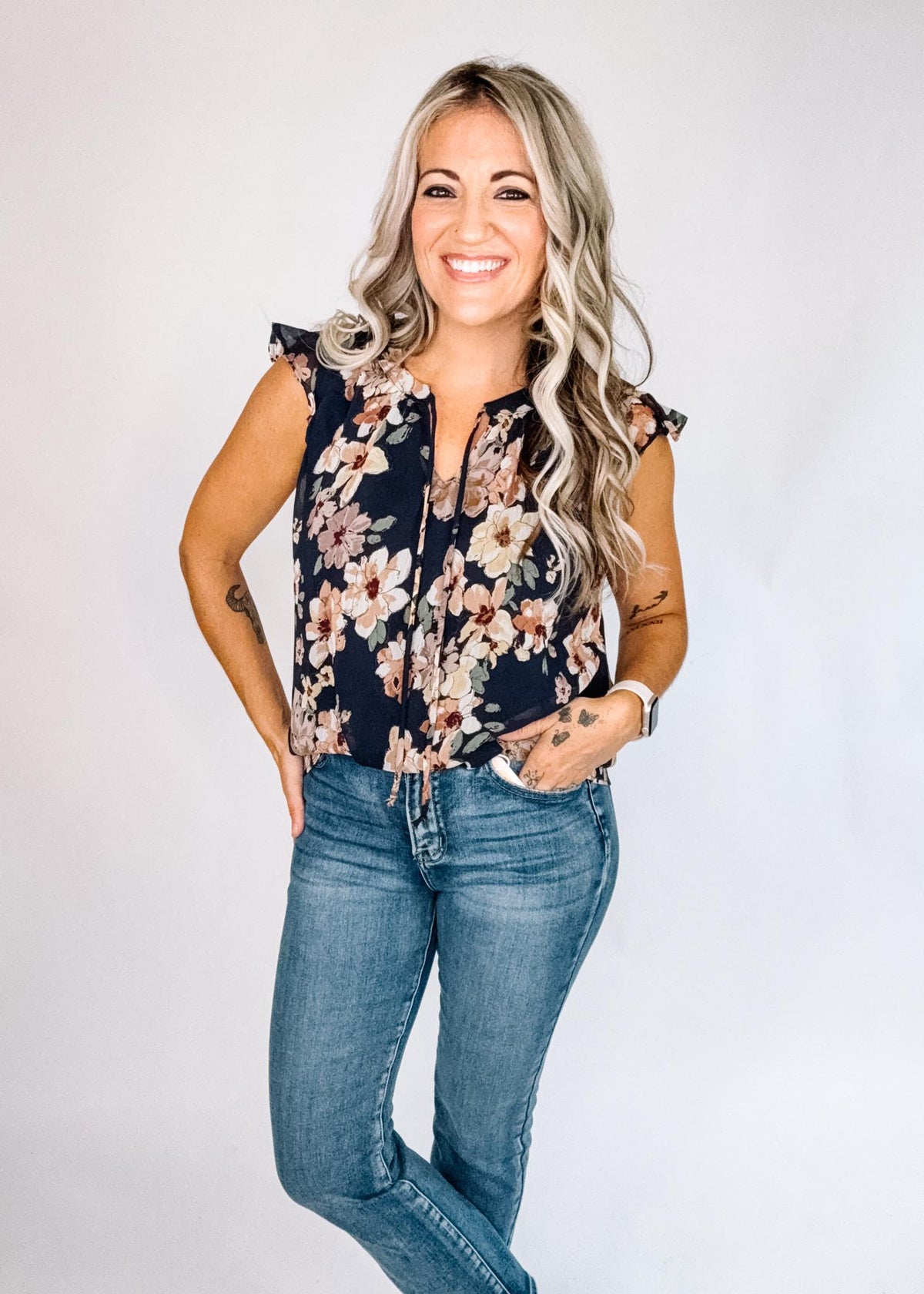 Navy and Mauve Floral Chiffon Blouse