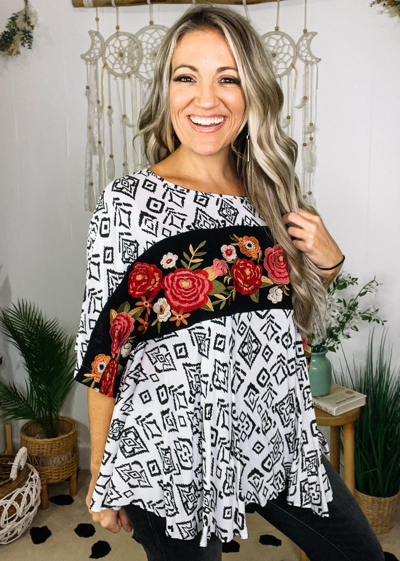 Black and White Aztec Poncho with Embroidered Detail