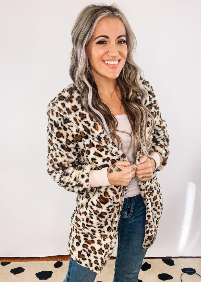 Oversized Faux Fur Leopard Print Hooded Jacket