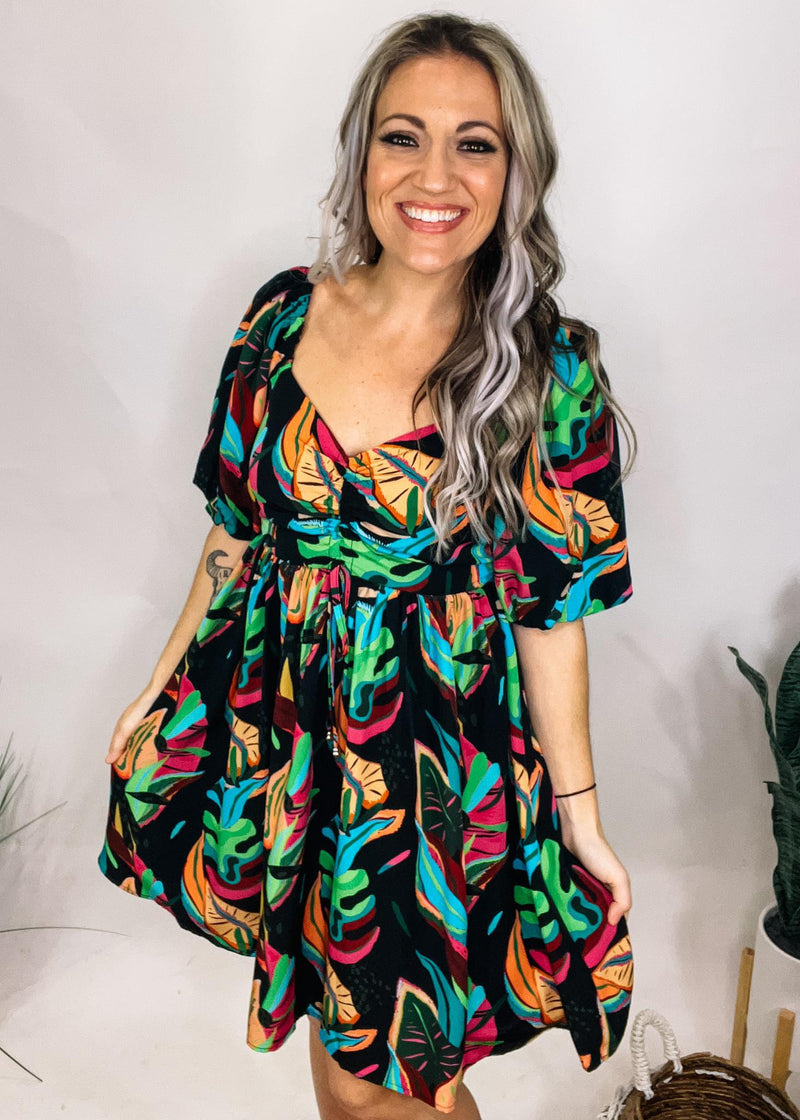 Neon Tropical Print Puff Sleeve Dress