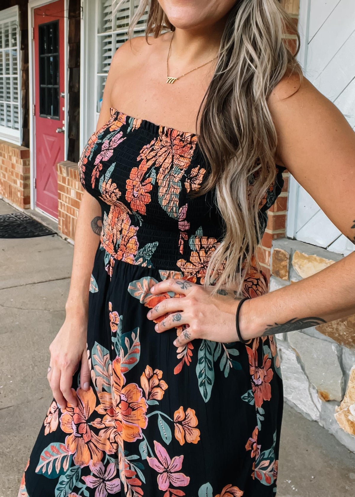 Black Smocked Bodice Floral Jumpsuit